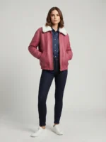 Women’s Pink Leather Bomber Jacket with Shearling Collar