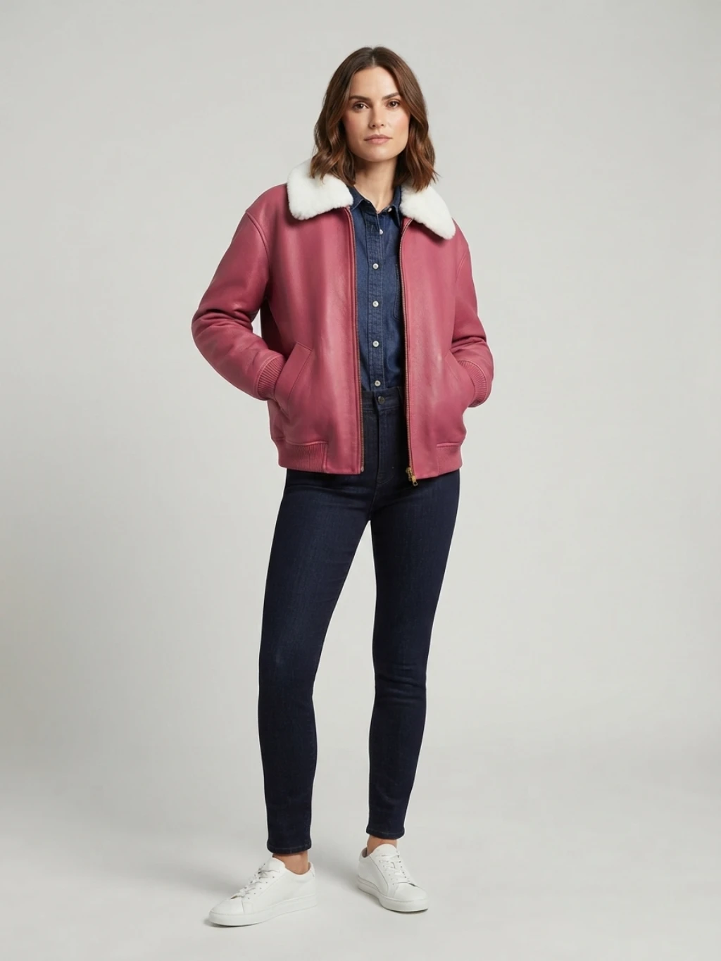 Women’s Pink Leather Bomber Jacket With White Shearling Collar (4) Women’s Pink Leather Bomber Jacket with Shearling Collar