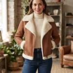 Womens Tan Brown Genuine Shearling Belted Biker Jacket