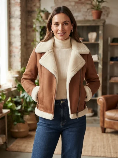 Womens Tan Brown Genuine Shearling Belted Biker Jacket
