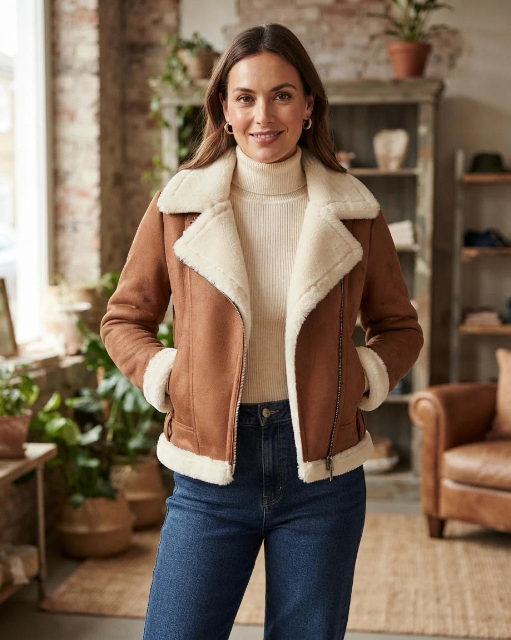 Womens Tan Brown Genuine Shearling Belted Biker Jacket (1) Womens Tan Brown Genuine Shearling Belted Biker Jacket