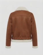 Womens Tan Brown Genuine Shearling Belted Biker Jacket back