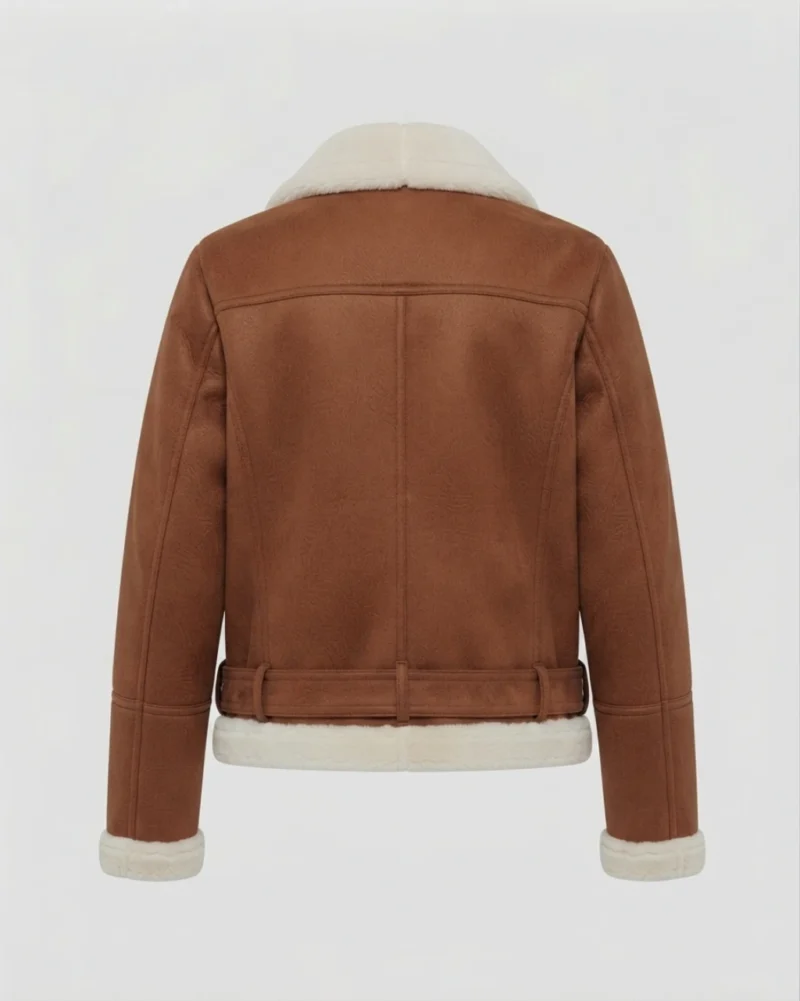 Womens Tan Brown Genuine Shearling Belted Biker Jacket back