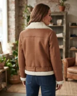Womens Tan Brown Genuine Shearling Belted Biker Jacket back