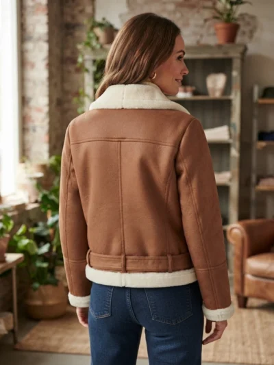 Womens Tan Brown Genuine Shearling Belted Biker Jacket back