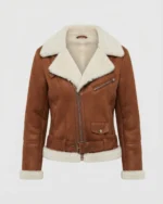 Womens Tan Brown Genuine Shearling Belted Biker Jacket