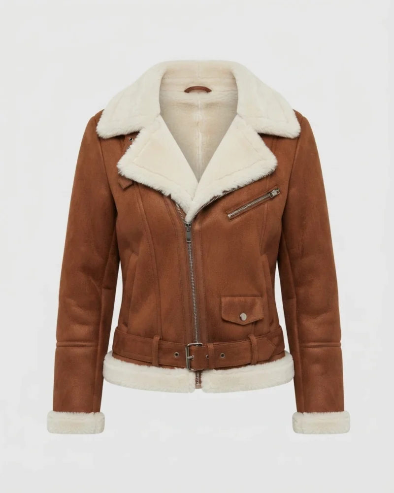 Womens Tan Brown Genuine Shearling Belted Biker Jacket