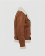 Womens Tan Brown Genuine Shearling Belted Biker Jacket - Image 5