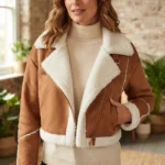 Women’s Tan Shearling Aviator Jacket with White Fur Trim
