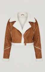 Women’s Tan Shearling Aviator Jacket with White Fur Trim