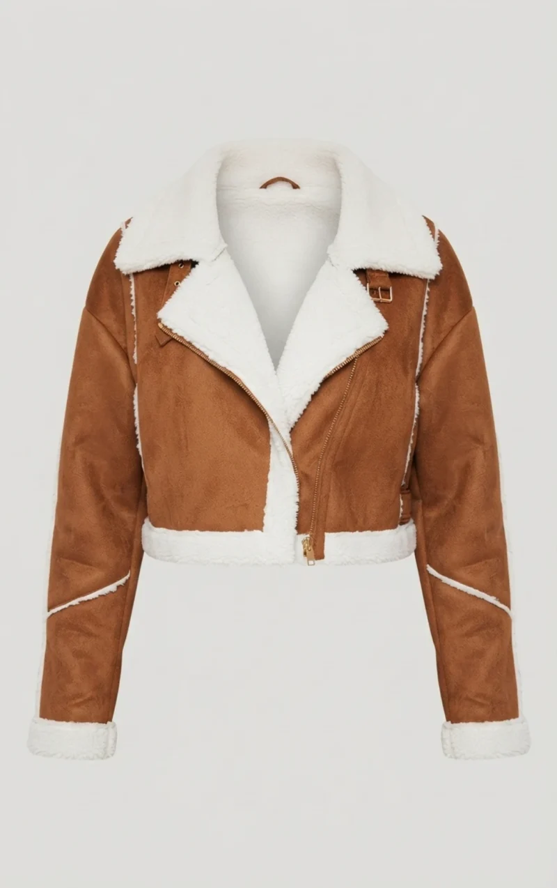Women’s Tan Shearling Aviator Jacket with White Fur Trim