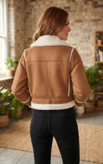 Women’s Tan Shearling Aviator Jacket with White Fur Trim back