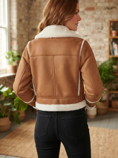 Women’s Tan Shearling Aviator Jacket with White Fur Trim back