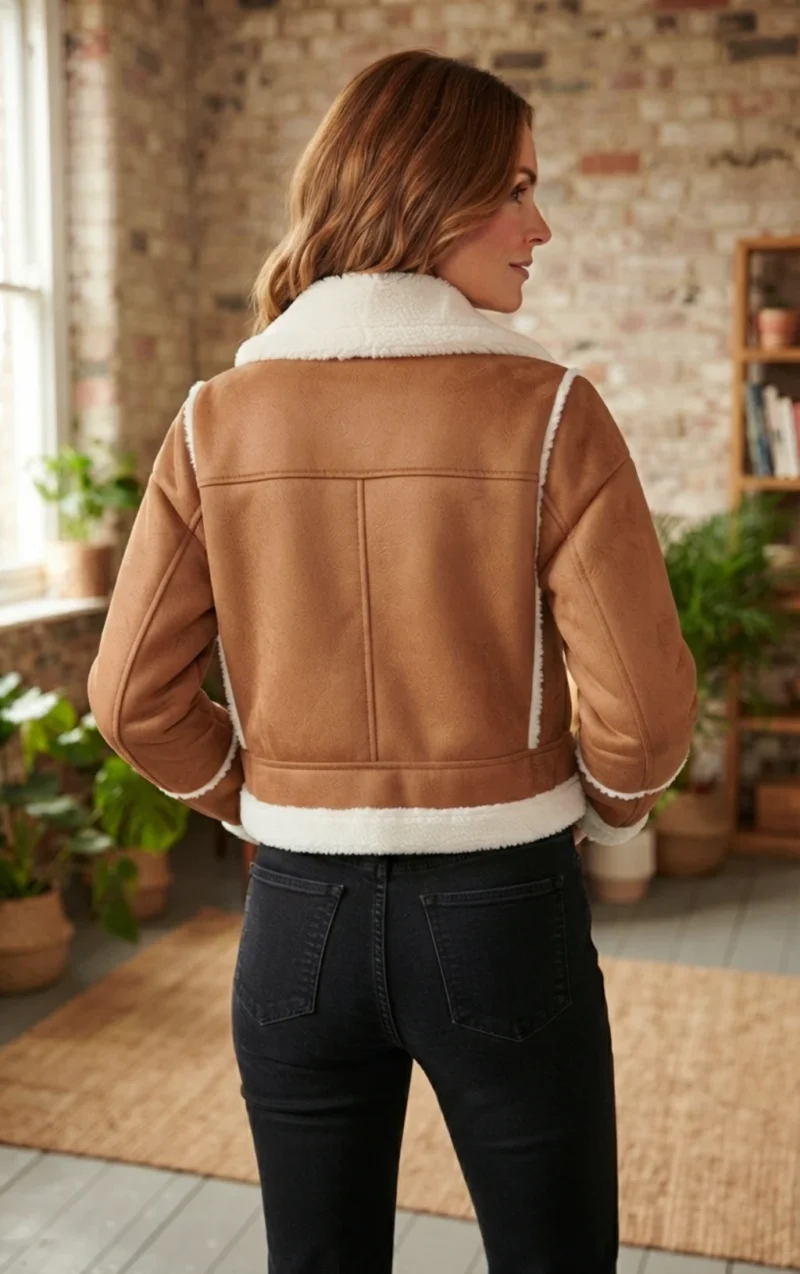 Women’s Tan Shearling Aviator Jacket with White Fur Trim back