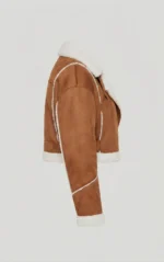 Women’s Tan Shearling Aviator Jacket with White Fur Trim - Image 4