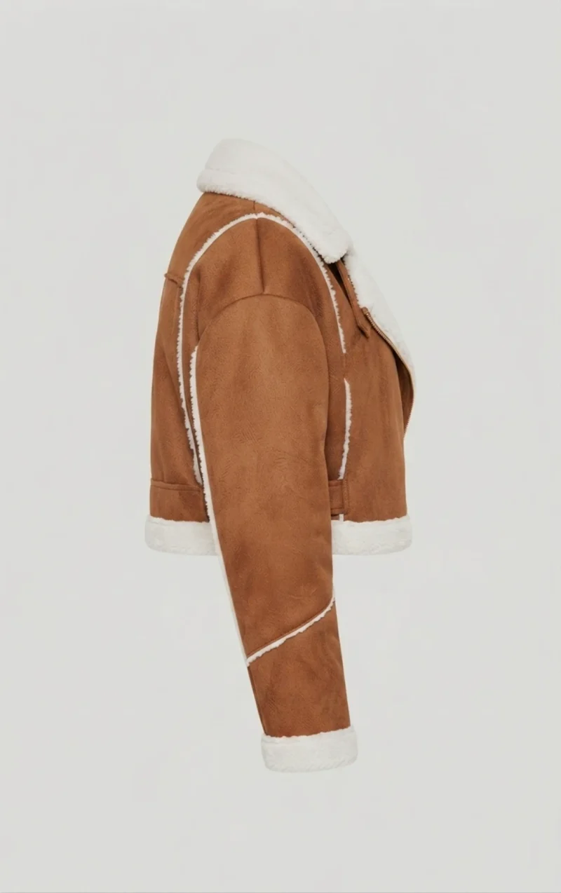Women’s Tan Shearling Aviator Jacket with White Fur Trim - Image 4