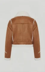 Women’s Tan Shearling Aviator Jacket with White Fur Trim back