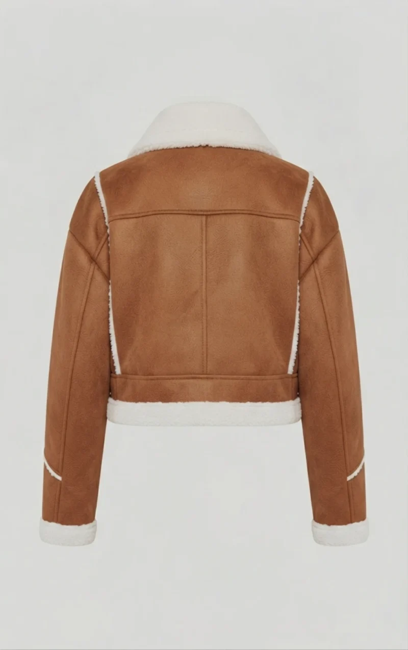 Women’s Tan Shearling Aviator Jacket with White Fur Trim back